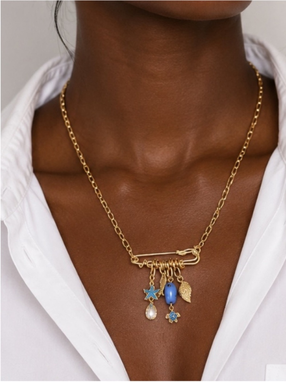 New! Coastal Gold Safety Pin Fish Charm Necklace NWOT 1075